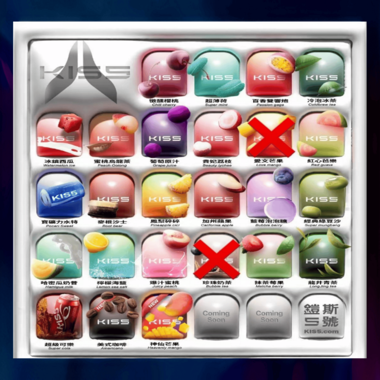 KISS 煙彈多口味總覽圖，水果與清涼風味系列展示